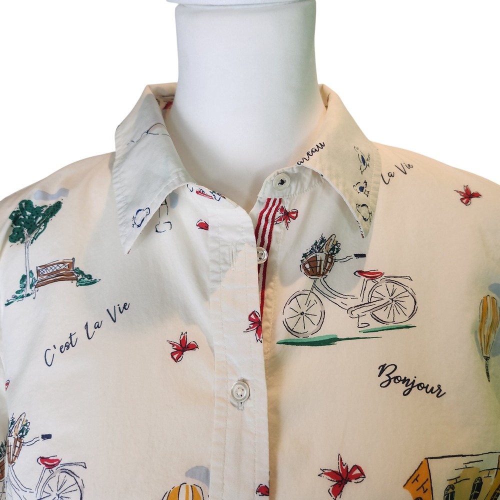 Talbots Parisian Print Button Down Shirt French Cafe Preppy Teacher Medium